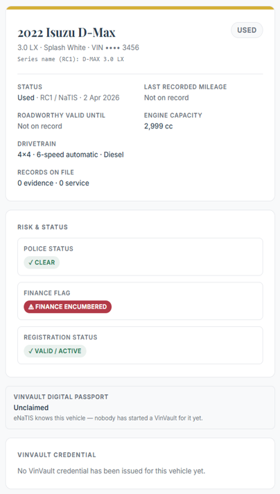A VinVault guest VIN check result for a 2022 Isuzu D-Max: status, last recorded mileage, police/finance/registration flags, and an unclaimed VinVault Digital Passport.